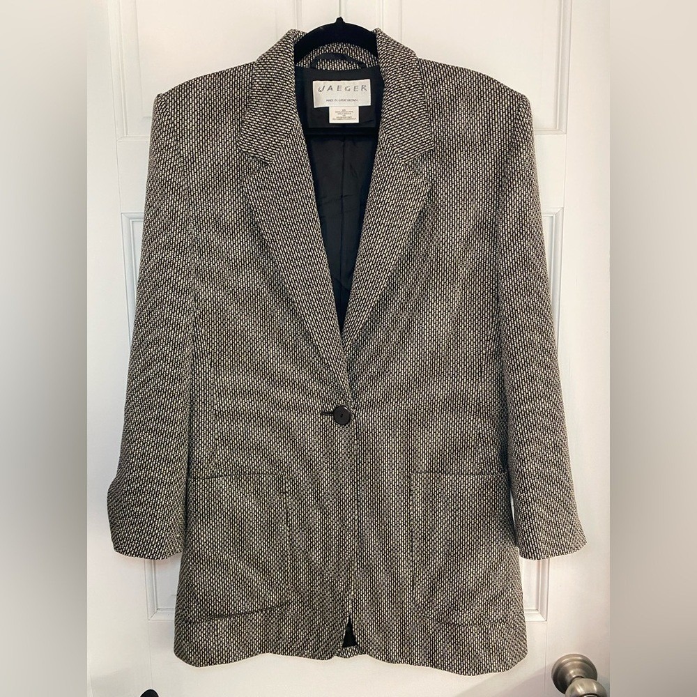 Jaeger Vintage Black & Tan Wool Blazer w/ Shoulder Pads & Black‎ Lining 10 G